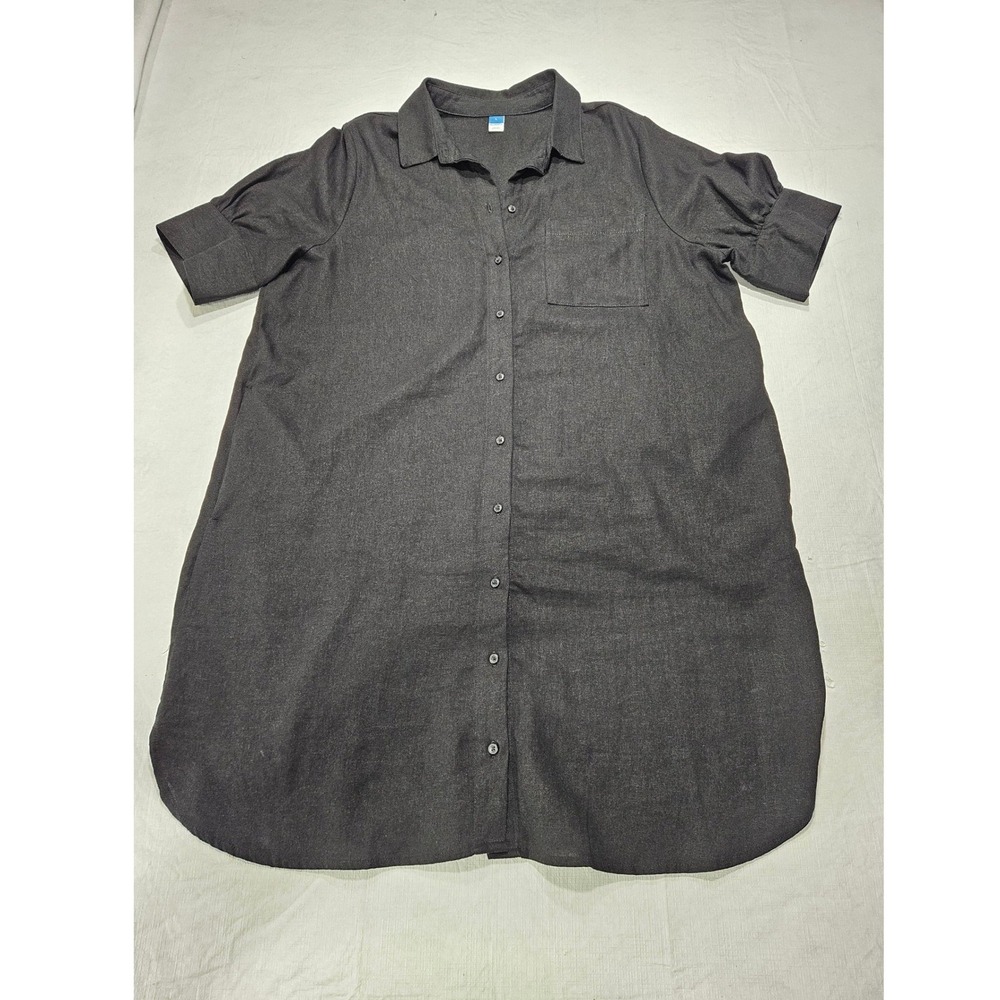 Old Navy Black Linen Blend Short Puff Sleeve Button Down Shirt Dress Pockets - Picture 4 of 10